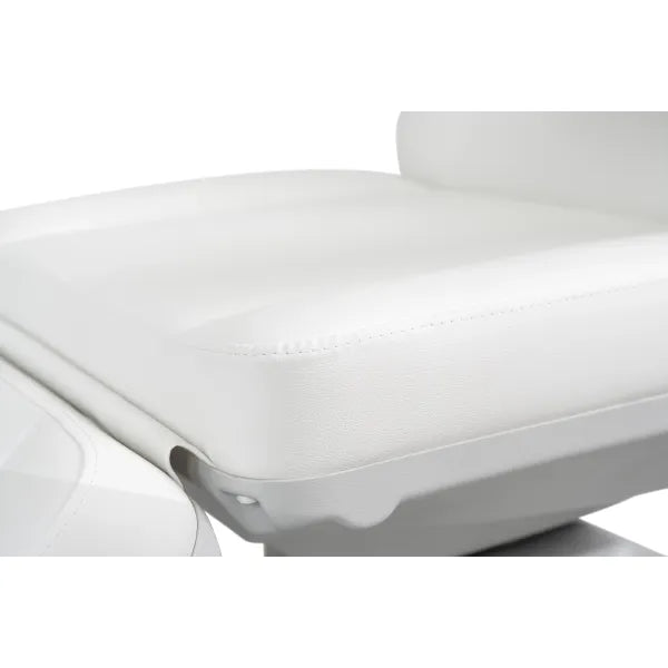 Weiße Drehbare elektrische Kosmetikliege Maxi Cozy Plus, Höhe 60–98 cm, Rückenlehne 0–85°, Fußstütze 0–85°, Handsteuerung.