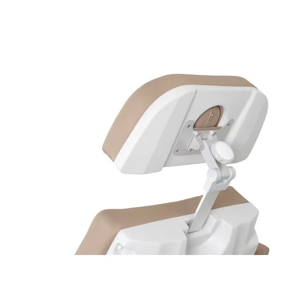 Beige polsterte drehbare elektrische Kosmetikliege, verstellbare Rückenlehne, Fußstütze, weißer Rahmen