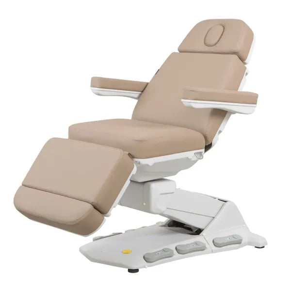 Beige elektrische Kosmetikliege, drehbar mit verstellbarer Rückenlehne, Armlehnen, Kopfstütze, Fußstütze und Heizsystem