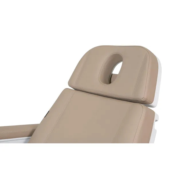 Beige Drehbare Kosmetikliege mit verstellbarer Kopfstütze mit Loch und gepolsterten Armlehnen.