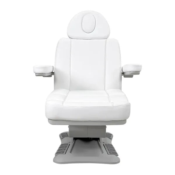Weiße elektrische Kosmetikliege mit 4 Motoren, Heizung, Kopfteil und Armlehnen für professionelle Beauty-Studios.
