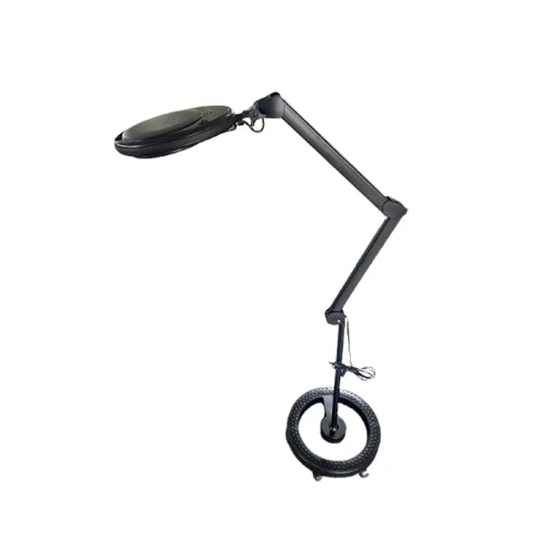 Schwarze LED-Lupenlampe Mega plus auf rollbarem Stand mit verstellbarem Arm, 60 SMD-LEDs.
