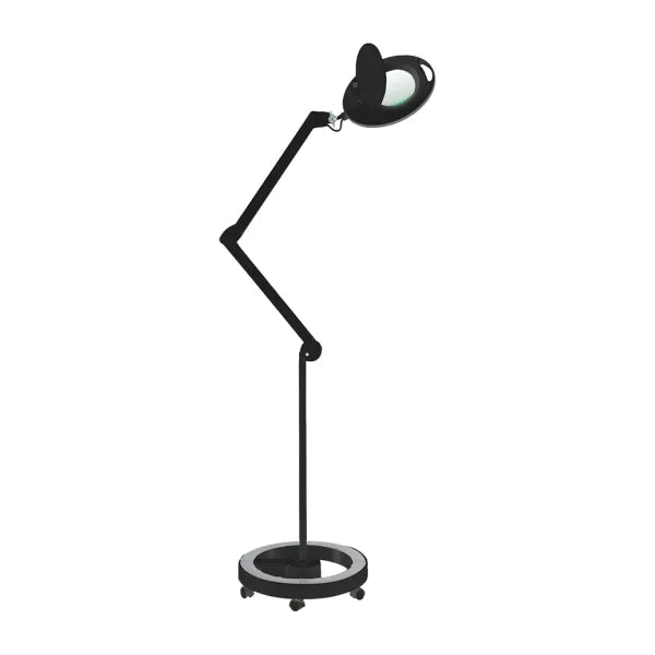 Schwarze LED-Lupenlampe Mega plus mit SMD-LED-Technologie, verstellbarer Arm, runder Basis mit Rollen.