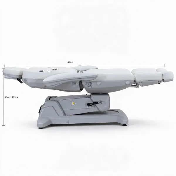 ALLEO Fußpflegestuhl mit Maßangaben: 186 cm Länge, 62–85 cm Breite und 52–87 cm Höhe