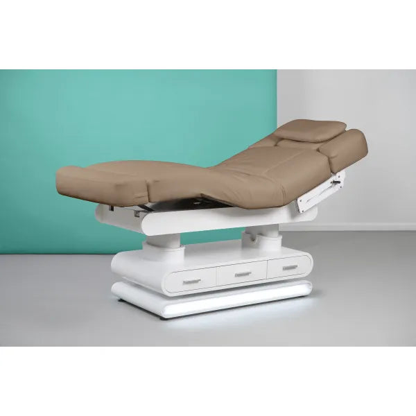 Elektrische Massageliege mit Heizfunktion und LED, brauner Bezug, 3 Schubladen, verstellbare Rücken- und Beinlehnen, Handsteuerung