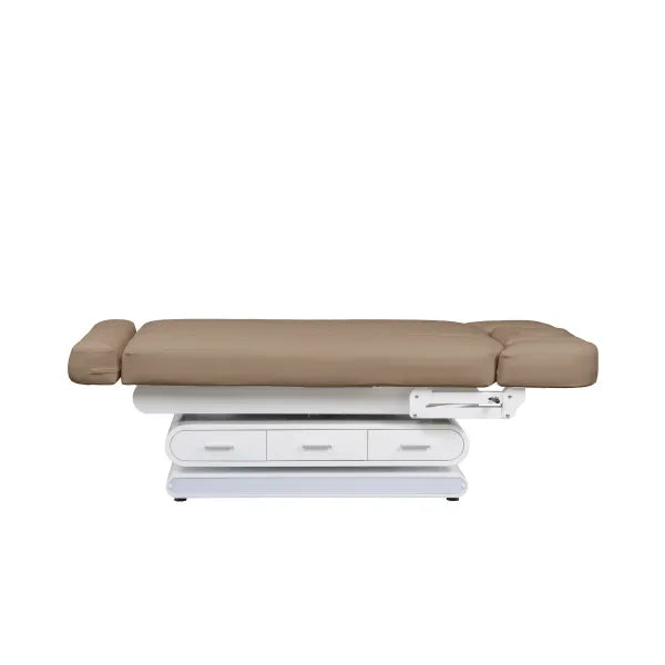 Elektrische Massageliege mit Heizfunktion, LED, 4 Motoren, beige Bezug, weiße Basis mit Schubladen
