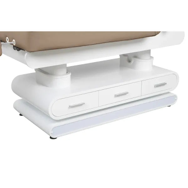 Elektrische Massageliege mit Heizfunktion und braunem Polster, Unterschrank mit drei Schubladen, verstellbares Kopfteil.