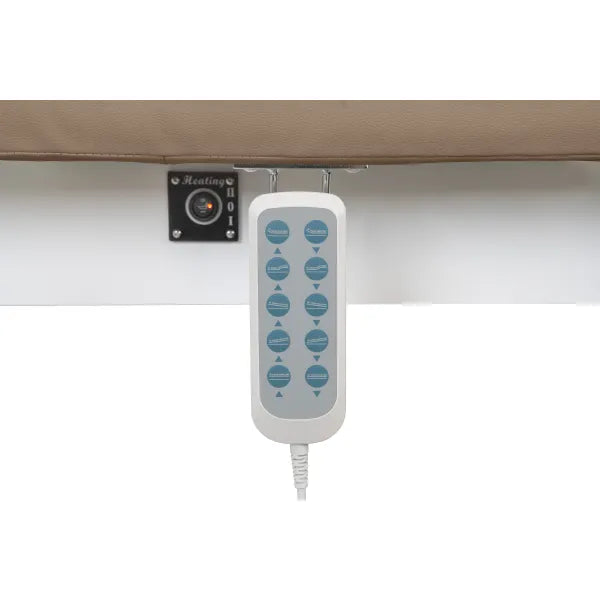 Fernbedienung einer elektrischen Massageliege mit Heizfunktion und LED-Beleuchtung.