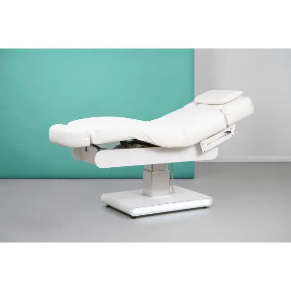 Elektrische Massageliege in Weiß mit verstellbarer Kopfstütze, Rückenlehne 0-60°, Beinstütze 0-30°, PU-Bezug