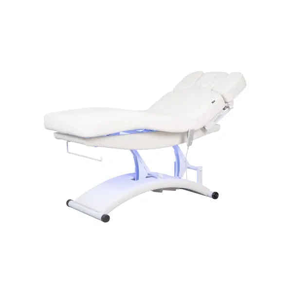 Beheizbare Massageliege: Bedienfeld mit LED-Display (60°C) und beleuchteten Knöpfen am braunen Bezug.