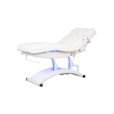 Beheizbare Massageliege: Bedienfeld mit LED-Display (60°C) und beleuchteten Knöpfen am braunen Bezug.