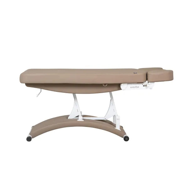 Beheizbare elektrische Massageliege mit 3 Motoren, LED, höhenverstellbar 60–90 cm, beige Matratze.