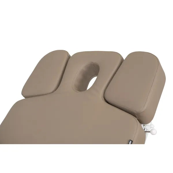Beige Beheizbare Massageliege mit Kopfstütze und Gesichtsloch, gepolsterte Armlehnen