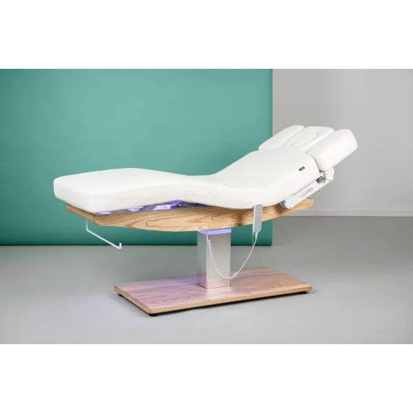 Elektrische Massageliege mit Heizfunktion und LED, 3 Motoren, Fernbedienung, Sockel aus Naturmassivholz im Wellnessraum