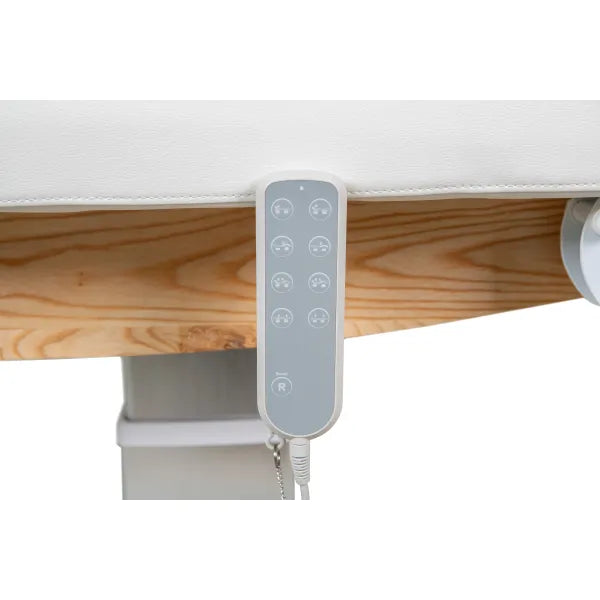 Elektrische Massageliege mit Heizfunktion und LED, 3 Motoren, Fernbedienung, Sockel aus Naturmassivholz im Wellnessraum