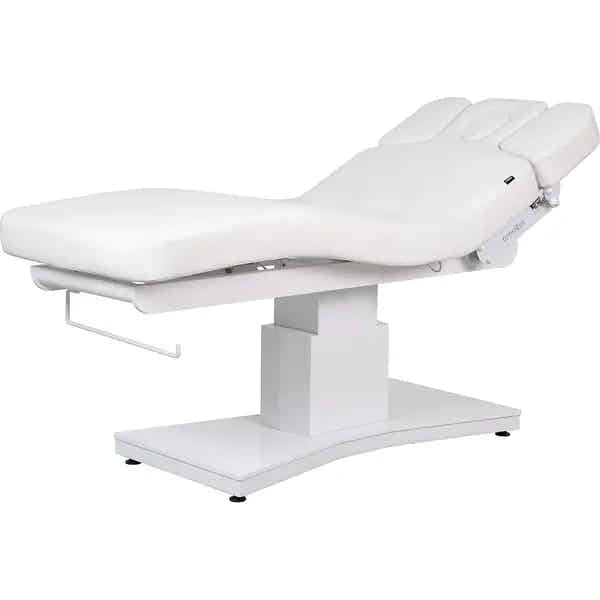 Elektrische Massageliege mit 3 Motoren, Massagetisch in Weiß, Behandlungsliege Plenius für professionelle Anwendungen.