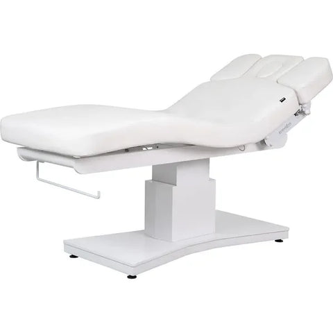 Elektrische Massageliege mit 3 Motoren, Massagetisch in Weiß, Behandlungsliege Plenius für professionelle Anwendungen.