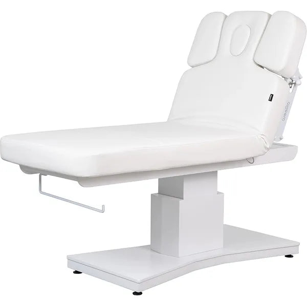 Elegante elektrische Massageliege mit 3 Motoren, Massagetisch in Weiß, Behandlungsliege Plenius für professionelle Anwendungen.