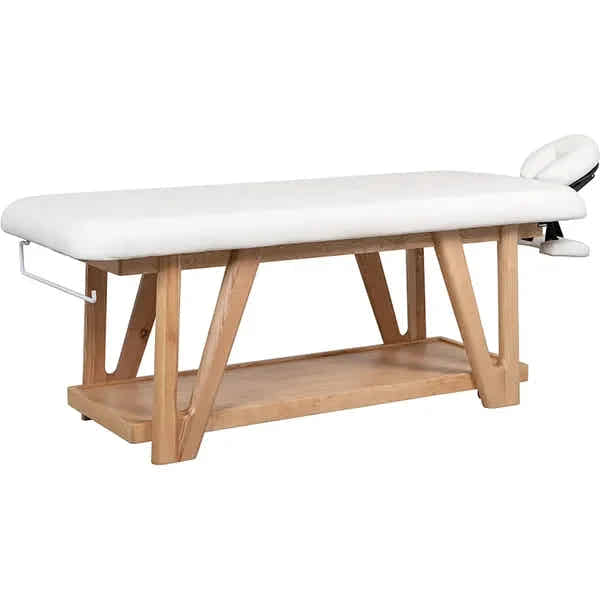 Massageliege aus Naturholz, Massagetisch für professionelle Anwendungen, Behandlungsliege Roots mit verstellbarem Kopfteil.