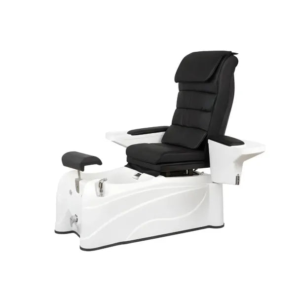 Weißer SPA-Pediküre-Stuhl mit schwarzer Polsterung, integrierter Fußwanne und Shiatsu-Massagesystem