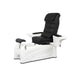 Weißer SPA-Pediküre-Stuhl mit schwarzer Polsterung, integrierter Fußwanne und Shiatsu-Massagesystem