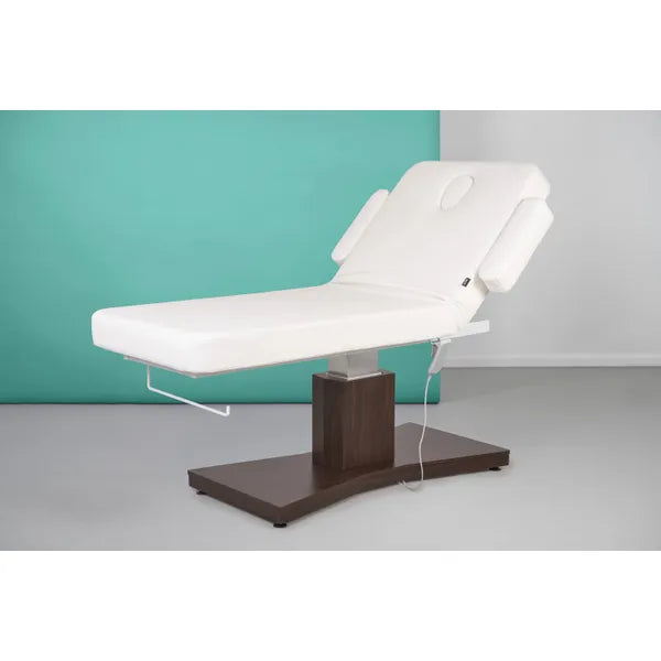 Elektrische Massageliege mit 1 Motor, Massagetisch Goid, Behandlungsliege in Weiß mit Holzbasis und Fernbedienung