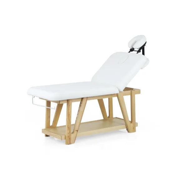 Holz-Massageliege mit weißem 2-Zonen-Auf lage und Kopfteil für Spa, Kosmetik & Wellness.