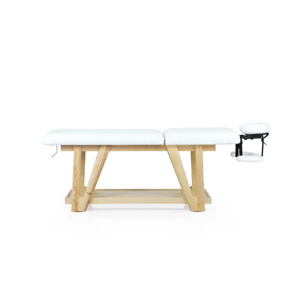 Holz-Massageliege mit 2-Zonen und weißer Polsterung sowie Kopfstütze für Spa & Kosmetik.