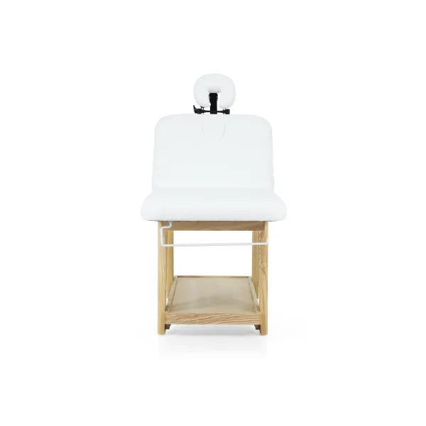 Holz-Massageliege Serr, 2-Zonen Spa-Liege mit weißem Kopfteil und Ablageboden für Wellness & Kosmetik.