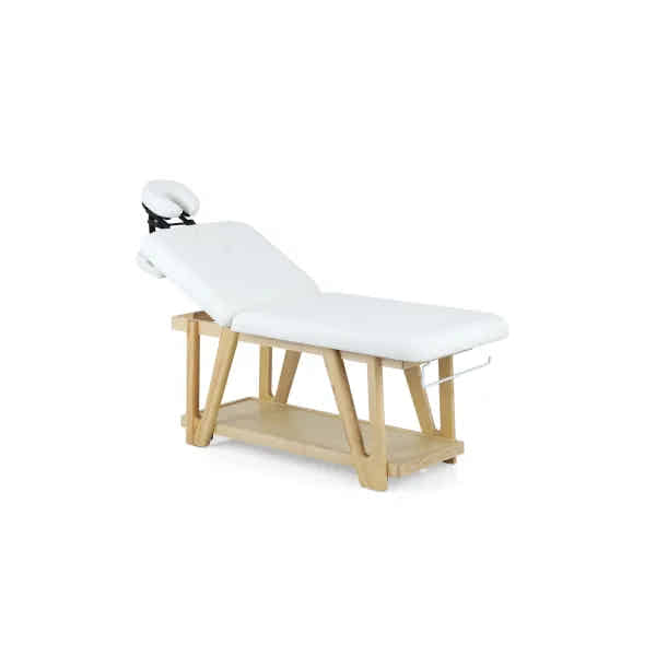 Massageliege Serr aus Holz mit weißem 2-Zonen Polster und Kopfteil. Robuste Kosmetikliege mit Unterlegbord für Spa und Wellness.