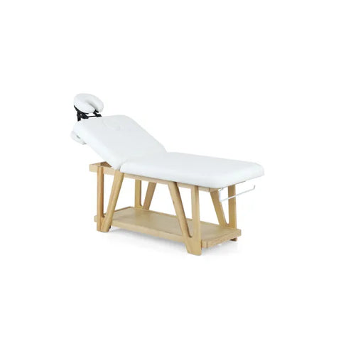 Massageliege Serr aus Holz mit weißem 2-Zonen Polster und Kopfteil. Robuste Kosmetikliege mit Unterlegbord für Spa und Wellness.