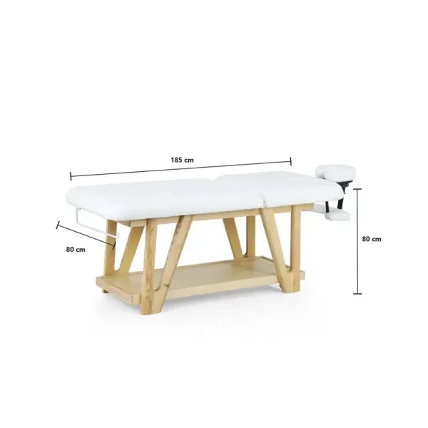 Holz-Massageliege mit weißem Polster, 2-Zonen Design & Kopfteil. Robuste Spa-Liege für Wellness & Kosmetik mit naturnaher Optik.