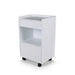 White wooden cosmetic trolley on wheels with top tray, small drawer, open mid shelf, and two bottom drawers