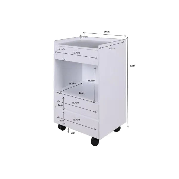 White wooden cosmetic cart with drawers and organizer, Tocky WKT901 on caster wheels