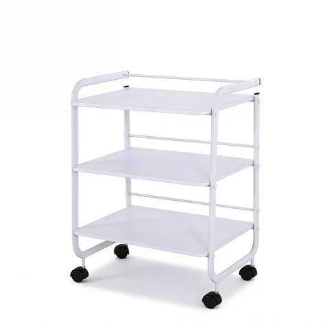 Weelko Aidy WKT903 white wooden cosmetic cart on wheels with three shelves and a top rail, mobile beauty workstation.