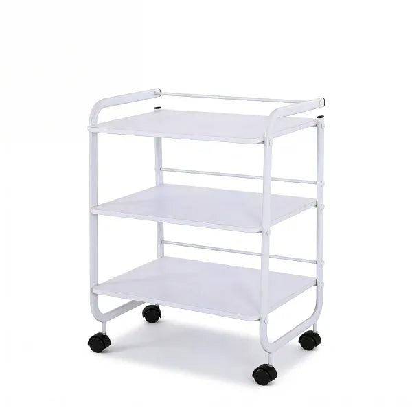 Weelko Aidy WKT903 white wooden cosmetic cart on wheels with three shelves and a top rail, mobile beauty workstation.
