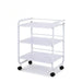 Weelko Aidy WKT903 white wooden cosmetic cart on wheels with three shelves and a top rail, mobile beauty workstation.