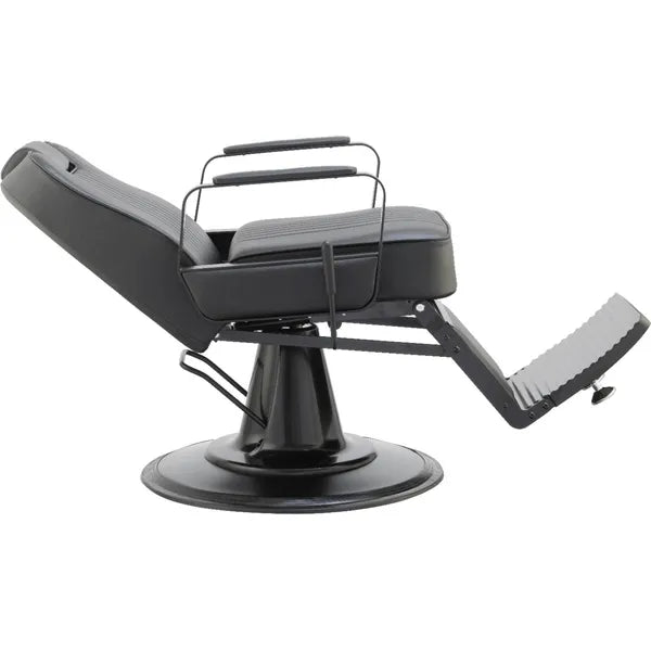 Barber stuhl in Schwarz mit eleganter Polsterung, Herren Friseurstuhl Spike, Barbershop stuhl mit stabiler Chrombasis und edlen Edelstahlarmen.