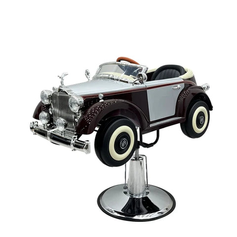 Kids' Shelby-style car barber chair on a hydraulic, height-adjustable pedestal.
