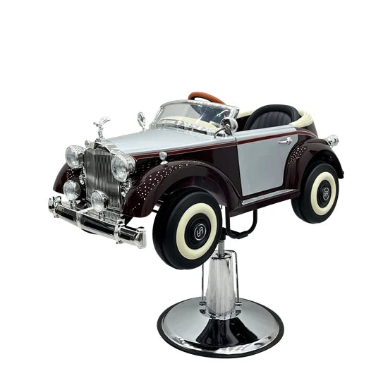 Kids' Shelby-style car barber chair on a hydraulic, height-adjustable pedestal.