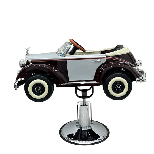 Kids Shelby car barber chair on hydraulic adjustable pedestal with light and sound.