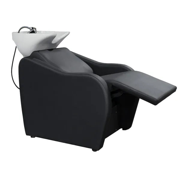 Schwarzes Friseurwaschbecken Velaris Air mit elektrisch verstellbarer Fußstütze und Massagefunktion