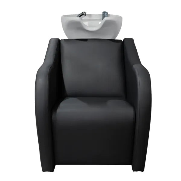 Velaris Air Rückwärtswaschbecken (weiß) auf schwarzer Friseurstuhl mit elektrischer Fußstütze und Massagefunktion.