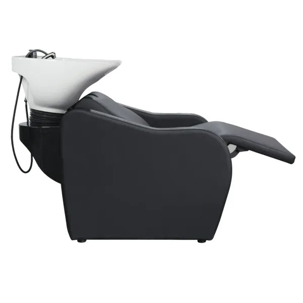 Friseur-Waschbecken Velaris AIR Schwarz mit Rückwärtswaschbecken, elektrische Fußstütze und Massagefunktion.