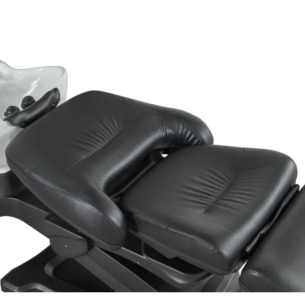 Headspa Liege Satori mit weißem Waschbecken, drehbar, für professionelle Spa-Behandlungen, schwarze PU/PVC-Bezüge.