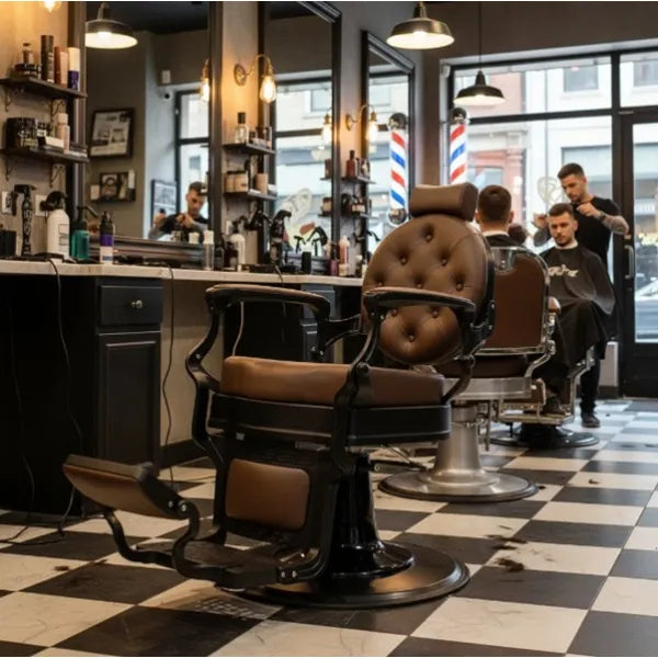Barber stuhl in Schwarz – Dunkelbraun mit hochwertiger Polsterung, Herren Friseurstuhl Buzz, Barbershop stuhl - Tiptop - Einrichtung