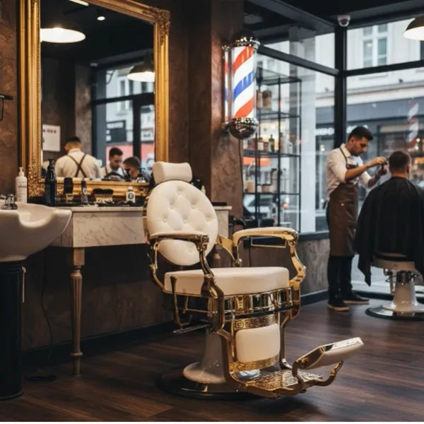 Barber stuhl in Gold-Weiß, Herren Friseurstuhl Buzz mit verstellbarem Fußstütze, Barbershop stuhl - Tiptop - Einrichtung