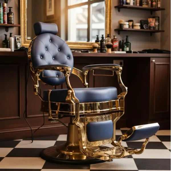 Eleganter Barber stuhl in Gold und Blau, Herren Friseurstuhl Buzz, Barbershop stuhl - Tiptop - Einrichtung