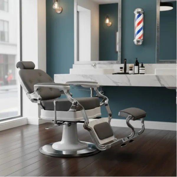 3x Barber stuhl in Weiß-Grau, Herren Friseurstuhl Trim, Luxuriöser Barbershop stuhl für stilvolle Salons - Tiptop - Einrichtung