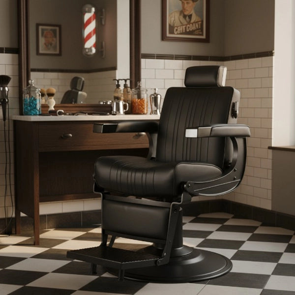 Schwarzer Barberstuhl mit neigbare Rückenlehne, ausziehbare Kopfstütze, verstellbare Fußstütze und Aluminiumrahmen.